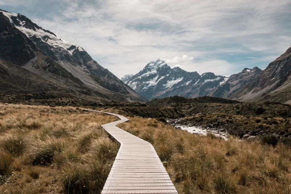 Image of a bridge going across grass in the mountains